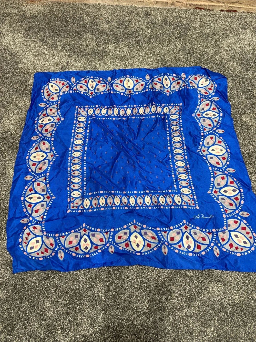 Vintage Signed St. Ramonde Silk Color Block Retro Print Square Scarf